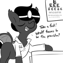 Size: 2250x2250 | Tagged: safe, artist:tjpones, imported from derpibooru, oc, oc only, oc:doctor fangf, bat pony, pony, bat pony oc, black and white, doctor, eeee, eye chart, eyes closed, grayscale, lisp, male, monochrome, solo, stallion, talking to viewer