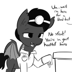 Size: 2250x2250 | Tagged: safe, artist:tjpones, imported from derpibooru, oc, oc:doctor fangf, bat pony, pony, bat pony oc, black and white, dialogue, doctor, fangs, gloves, grayscale, lisp, male, monochrome, offscreen character, rubber gloves, solo, stallion