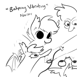 Size: 2250x2250 | Tagged: safe, artist:tjpones, imported from derpibooru, oc, oc only, bat pony, human, pony, bat pony oc, black and white, descriptive noise, fangs, grayscale, iv, monochrome, offscreen character, phlebotomy, simple background, stare, vibrating, white background