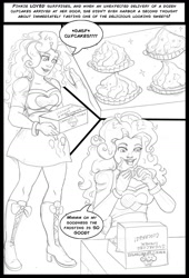 Size: 900x1327 | Tagged: safe, artist:arania, imported from derpibooru, pinkie pie, human, comic:pinkie's cupcakes, equestria girls, comic, cupcake, food, human to pony, humanized, solo, traditional art, transformation, transformation sequence