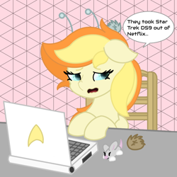 Size: 1080x1080 | Tagged: safe, artist:sodapop sprays, imported from derpibooru, oc, oc:sodapop sprays, mouse, pegasus, pony, antennae, chair, combadge, computer, crying, cyan, female, floppy ears, food, glowing, glowing eyes, gray, green, green eyes, laptop computer, mare, open mouth, orange, peach, pink, pink background, sad, simple background, speech bubble, star trek, star trek: deep space nine, talking to viewer, tribble, white, yellow