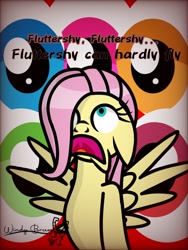 Size: 768x1024 | Tagged: safe, artist:windy breeze, imported from derpibooru, fluttershy, pegasus, hurricane fluttershy, blue eyes, eye, eyeball, eyes, panic attack, pink mane, scared, scene interpretation, signature, spread wings, wings, yellow coat