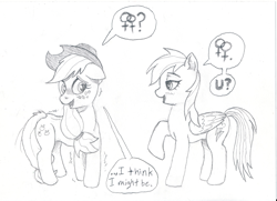 Size: 1921x1389 | Tagged: safe, artist:friendshipishorses, imported from derpibooru, applejack, rainbow dash, pony, appledash, atg 2022, female, lesbian, monochrome, newbie artist training grounds, shipping, traditional art