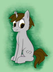Size: 1594x2160 | Tagged: safe, artist:m37, imported from derpibooru, oc, oc only, pony, unicorn, abstract background, eyebrows, horn, male, sitting, smiling, solo