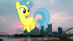 Size: 1920x1080 | Tagged: safe, artist:dashiesparkle, artist:thegiantponyfan, imported from derpibooru, lemon hearts, pony, unicorn, background pony, female, giant pony, giant unicorn, giant/macro lemon hearts, giantess, highrise ponies, irl, macro, mare, mega giant, pennsylvania, photo, pittsburgh, ponies in real life, solo