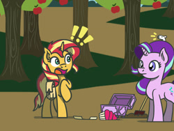 Size: 1800x1350 | Tagged: safe, artist:flutterluv, imported from derpibooru, part of a set, starlight glimmer, sunset shimmer, mouse, pony, unicorn, atg 2022, bag, cupcake, duo, emanata, exclamation point, food, newbie artist training grounds, part of a series, saddle bag, scared, shovel, treasure chest