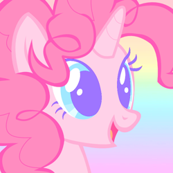Size: 600x600 | Tagged: safe, imported from derpibooru, pinkie pie, pony, unicorn, cover art, female, open mouth, open smile, race swap, rainbow background, single cover, smiling, solo, unicorn pinkie pie