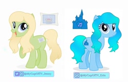 Size: 1028x661 | Tagged: safe, artist:draconekaiju, imported from derpibooru, oc, oc only, oc:erin, oc:jenny cuppa, blonde hair, cutie mark, female, simple background, white background, youtuber