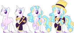 Size: 7659x3421 | Tagged: safe, artist:kurosawakuro, imported from derpibooru, oc, pony, unicorn, bald, base used, clothes, hat, magical lesbian spawn, male, offspring, parent:princess cadance, parent:trixie, simple background, solo, stallion, top hat, transparent background