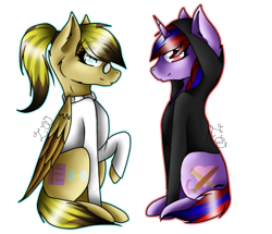 Size: 523x450 | Tagged: safe, artist:kat-the-true-kitkat, imported from derpibooru, oc, oc only, pegasus, pony, unicorn, clothes, duo, female, glasses, horn, mare, pegasus oc, raised hoof, signature, simple background, smiling, transparent background, unicorn oc, wings