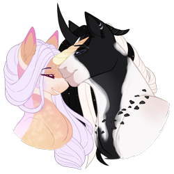 Size: 2200x2200 | Tagged: safe, artist:purplegrim40, imported from derpibooru, oc, oc only, pony, unicorn, bust, duo, eyes closed, female, grin, horn, male, mare, oc x oc, one eye closed, shipping, simple background, smiling, stallion, straight, transparent background, unicorn oc, wink