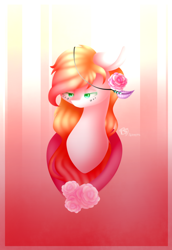 Size: 1100x1600 | Tagged: safe, artist:prettyshinegp, imported from derpibooru, oc, oc only, earth pony, pony, abstract background, bust, earth pony oc, female, flower, flower in hair, mare, signature, smiling, solo