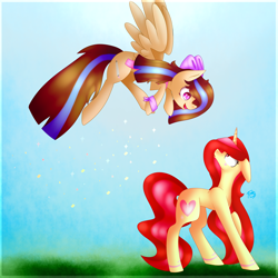 Size: 5000x5000 | Tagged: safe, artist:prettyshinegp, imported from derpibooru, oc, oc only, pegasus, pony, unicorn, collaboration, duo, female, horn, looking back, mare, outdoors, pegasus oc, smiling, unicorn oc, wings