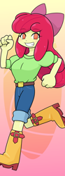 Size: 740x2000 | Tagged: safe, artist:batipin, imported from derpibooru, apple bloom, human, equestria girls, apple bloom's bow, boots, bow, clothes, denim, female, grin, hair bow, jeans, pants, running, shirt, shoes, smiling, solo