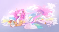 Size: 2560x1428 | Tagged: safe, artist:sparkling_light, imported from derpibooru, princess celestia, draconequus, alcohol, celestequus, draconequified, goblet, lying down, prone, solo, species swap, sploot, wine, wings