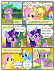 Size: 612x792 | Tagged: safe, artist:newbiespud, edit, edited screencap, imported from derpibooru, screencap, applejack, fluttershy, pinkie pie, rainbow dash, spike, twilight sparkle, alicorn, dragon, earth pony, pegasus, pony, comic:friendship is dragons, princess twilight sparkle (episode), animation error, comic, dialogue, female, mare, offscreen character, offscreen female, outdoors, raised hoof, screencap comic, twilight sparkle (alicorn), wings