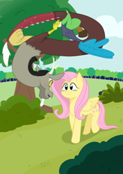 Size: 640x905 | Tagged: safe, artist:solraccoon, artist:sunraccon, imported from derpibooru, discord, fluttershy, draconequus, pegasus, pony, discoshy, female, flying, looking at each other, looking at someone, male, shadow, shipping, straight, tree