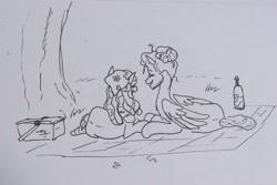 Size: 2072x1386 | Tagged: safe, artist:pony quarantine, imported from derpibooru, tree hugger, zephyr breeze, earth pony, pegasus, pony, basket, date, duo, female, grayscale, lying down, male, mare, monochrome, picnic, picnic basket, picnic blanket, prone, shipping, stallion, straight, traditional art, zephyrhugger