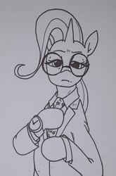 Size: 1073x1627 | Tagged: safe, artist:pony quarantine, imported from derpibooru, trixie, pony, unicorn, clothes, female, glasses, grayscale, looking at you, mare, monochrome, necktie, reference, solo, suit, traditional art, watch, wristwatch