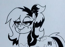Size: 2080x1488 | Tagged: safe, artist:pony quarantine, imported from derpibooru, oc, oc only, earth pony, pony, female, freckles, grayscale, lidded eyes, mare, monochrome, solo, tongue out, traditional art