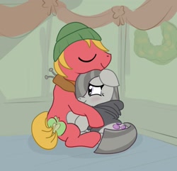 Size: 1843x1773 | Tagged: safe, artist:mandumustbasukanemen, imported from derpibooru, big macintosh, marble pie, earth pony, pony, atg 2022, christmas, eyes closed, female, hearth's warming, holiday, hug, male, marblemac, mare, newbie artist training grounds, shipping, smiling, stallion, straight