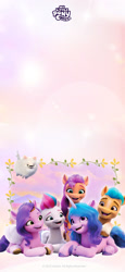Size: 1080x2341 | Tagged: safe, imported from derpibooru, hitch trailblazer, izzy moonbow, pipp petals, sunny starscout, zipp storm, dog, earth pony, pegasus, pomeranian, pony, unicorn, abstract background, cloudpuff, female, flying pomeranian, g5, male, mane five (g5), mare, my little pony logo, official, phone wallpaper, stallion, text, weibo, winged dog