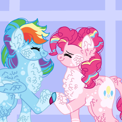 Size: 1280x1280 | Tagged: safe, artist:creativemuffins, imported from derpibooru, pinkie pie, rainbow dash, earth pony, pegasus, pony, female, fluffy, lesbian, pinkiedash, purple background, shipping, simple background