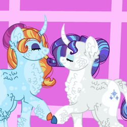 Size: 1280x1280 | Tagged: safe, artist:creativemuffins, imported from derpibooru, rarity, sassy saddles, pony, unicorn, alternate hairstyle, female, fluffy, lesbian, purple background, rarisaddles, shipping, simple background