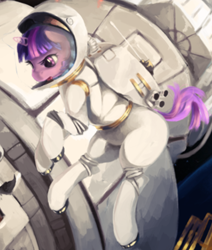 Size: 1114x1313 | Tagged: safe, artist:fruitbloodmilkshake, edit, imported from derpibooru, twilight sparkle, pony, unicorn, astronaut, cropped, female, mare, solar panel, solo, space, space station, spacesuit, unicorn twilight, zero gravity