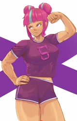 Size: 2134x3354 | Tagged: safe, artist:applephil, imported from derpibooru, sour sweet, human, equestria girls, breasts, busty sour sweet, clothes, female, flexing, freckles, gym uniform, hand on hip, humanized, muscles, muscular female, sour swole