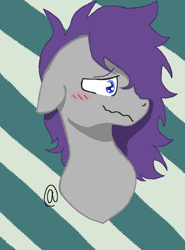 Size: 800x1080 | Tagged: safe, artist:ashdoesnothing, imported from derpibooru, oc, oc only, oc:glitter stone, earth pony, pony, artfight, artfight21, blue eyes, blushing, bust, digital art, gray coat, portrait, purple mane, simple background, solo