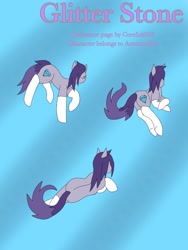 Size: 2250x3000 | Tagged: safe, artist:coreink02, imported from derpibooru, oc, oc only, oc:glitter stone, earth pony, pony, blue background, butt, cutie mark, diamond, digital art, female, gray coat, mare, multiple poses, plot, pose, purple mane, simple background, sketch, white hooves