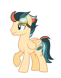 Size: 655x830 | Tagged: artist needed, safe, imported from derpibooru, oc, oc only, oc:turbo swifter, pegasus, pony, folded wings, full body, goggles, hooves, lidded eyes, male, multicolored mane, multicolored tail, pegasus oc, raised hoof, show accurate, simple background, smiling, solo, stallion, standing, tail, transparent background, wings