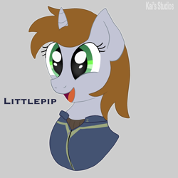 Size: 2000x2000 | Tagged: safe, artist:kaifurry, imported from derpibooru, oc, oc only, oc:littlepip, pony, unicorn, fallout equestria, :d, clothes, grin, happy, high res, horn, jumpsuit, open mouth, open smile, smiling, solo, text, unicorn oc, vault suit