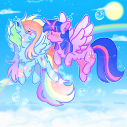 Size: 1500x1500 | Tagged: safe, artist:cutiesparke, imported from derpibooru, rainbow dash, twilight sparkle, alicorn, pegasus, pony, alternate cutie mark, alternate hairstyle, blue sky, blushing, bubble, cloud, double mane, female, flustered, flying, gradient mane, lesbian, looking at each other, looking at someone, rainbow, shipping, sky, smiling, sun, twidash, twilight sparkle (alicorn)