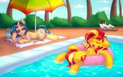 Size: 2048x1280 | Tagged: safe, artist:falafeljake, imported from derpibooru, sunset shimmer, oc, oc:depth chaser, cat, pony, unicorn, equestria girls, chest fluff, commission, drool, ear fluff, eyes closed, female, horn, inner tube, jewelry, lidded eyes, mare, necklace, open mouth, sleeping, snoring, sunglasses, swimming pool, umbrella