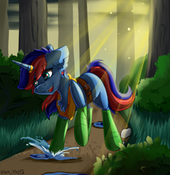 Size: 1500x1541 | Tagged: safe, artist:yuris, imported from derpibooru, oc, oc only, oc:ryo, pony, unicorn, blue skin, boots, butt, clothes, commission, crepuscular rays, female, floppy ears, forest, horn, horn ring, plot, puddle, ring, shoes, smiling, solo, two toned mane, unicorn oc, ych result