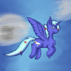 Size: 1058x1058 | Tagged: safe, artist:lil_vampirecj, imported from derpibooru, oc, oc only, alicorn, pony, cloud, flower, flower in hair, flying, full body, looking back, shading, sky, smiling, solo