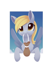 Size: 1778x2247 | Tagged: safe, artist:dusthiel, imported from derpibooru, derpy hooves, pegasus, pony, atg 2022, bag, female, mare, mouth hold, newbie artist training grounds, simple background, solo, transparent background