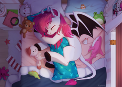 Size: 3182x2260 | Tagged: safe, artist:kaylemi, imported from derpibooru, oc, oc only, original species, bed, bedroom, body pillow, ear fluff, eyes closed, fangs, leonine tail, lying down, on bed, on side, pillow, plushie, sleeping, solo, tail