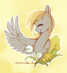 Size: 2430x2640 | Tagged: safe, artist:anotherdeadrat, imported from derpibooru, derpy hooves, pegasus, pony, dandelion, eyes closed, female, mare, one wing out, smiling, wings