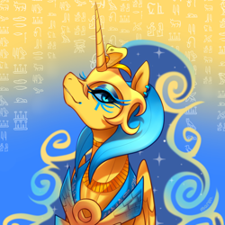 Size: 3044x3049 | Tagged: safe, artist:maren, imported from derpibooru, nightmare moon, alicorn, pony, alternate design, armor, beautiful, blue eyes, blue mane, clothes, colored pupils, digital art, ear piercing, egyptian, egyptian headdress, ethereal mane, female, flowing mane, folded wings, helmet, high heels, horn, jewelry, lidded eyes, looking at you, majestic, mare, nicemare moon, peytral, piercing, regalia, shoes, simple background, smiling, smiling at you, solo, sparkles, starry mane, wings