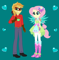 Size: 622x631 | Tagged: safe, artist:owletbrigthness, imported from derpibooru, braeburn, fluttershy, human, equestria girls, clothes, crystal guardian, crystal wings, cutie mark on clothes, duo, equestria girls-ified, female, male, ponied up, smiling, wings