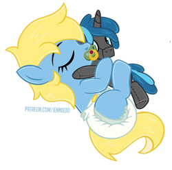 Size: 909x900 | Tagged: safe, artist:jennieoo, imported from derpibooru, oc, oc:cream, earth pony, original species, plush pony, pony, baby, baby pony, diaper, female, filly, foal, hug, pacifier, plushie, show accurate, simple background, sleeping, solo, transparent background, vector