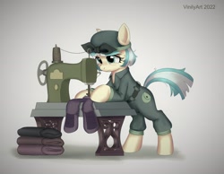 Size: 2048x1593 | Tagged: safe, alternate version, artist:vinilyart, imported from derpibooru, coco pommel, earth pony, pony, alternate timeline, clothes, crystal war timeline, frown, overalls, sewing machine, solo