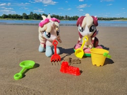 Size: 4032x3024 | Tagged: safe, artist:xeto_de, imported from derpibooru, oc, oc:lily allure, oc:vanilla cream, pony, beach, female, filly, foal, g4, irl, photo, photography, plushie