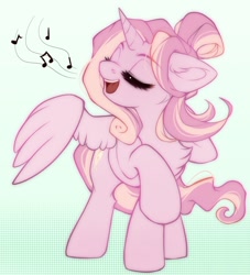 Size: 800x881 | Tagged: safe, artist:cabbage-arts, imported from derpibooru, oc, oc only, alicorn, pony, alicorn oc, chest fluff, horn, music notes, singing, solo, wings