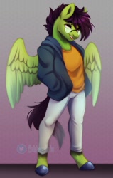 Size: 600x946 | Tagged: safe, artist:cabbage-arts, imported from derpibooru, oc, oc only, anthro, pegasus, unguligrade anthro, clothes, eyebrows, eyebrows visible through hair, feathered wings, glasses, male, open mouth, open smile, pants, partially open wings, shirt, smiling, solo, wings