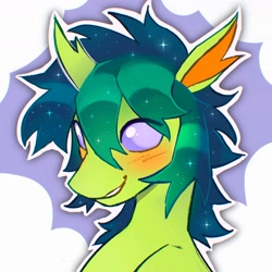 Size: 1800x1800 | Tagged: safe, artist:draw3, imported from derpibooru, oc, oc only, changedling, changeling, blushing, bust, changedling oc, changeling oc, ethereal mane, eye clipping through hair, grin, horn, nonbinary, oc name needed, portrait, smiling, solo, starry mane