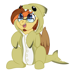 Size: 1828x1824 | Tagged: safe, artist:rokosmith26, imported from derpibooru, oc, oc only, griffon, animal onesie, blue eyes, cheek fluff, clothes, commission, costume, eye clipping through hair, glasses, griffon oc, happy, kigurumi, looking up, male, onesie, open mouth, simple background, sitting, smiling, solo, stallion, teeth, transparent background, ych result, your character here